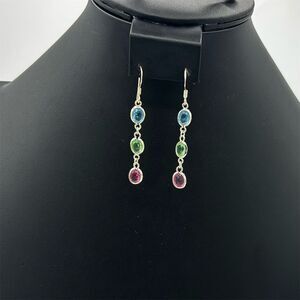 Vintage Multi-Color Gemstone Dangle Earrings Silver Tone Setting Hook Fastening